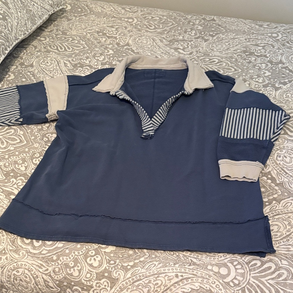 Free People Blue and Gray Striped Shirt